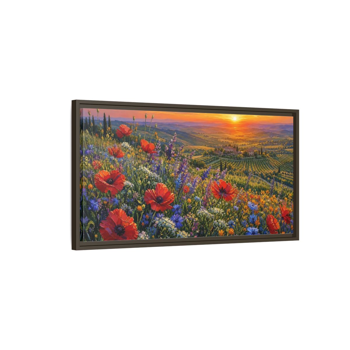 Main Mockup. Nature Poppy Field Red Poppy Sunset shown as stretched canvas wall art