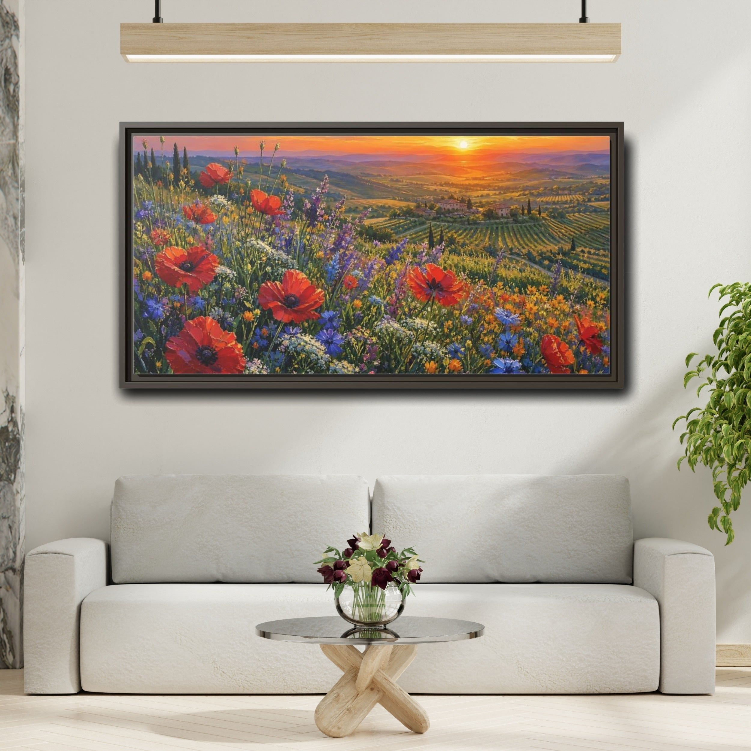 Mockup 2. Nature Poppy Field Red Poppy Sunset shown as stretched canvas wall art