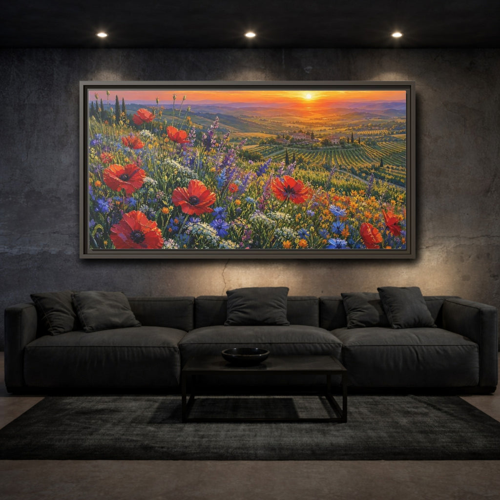 Mockup 3. Nature Poppy Field Red Poppy Sunset shown as stretched canvas wall art