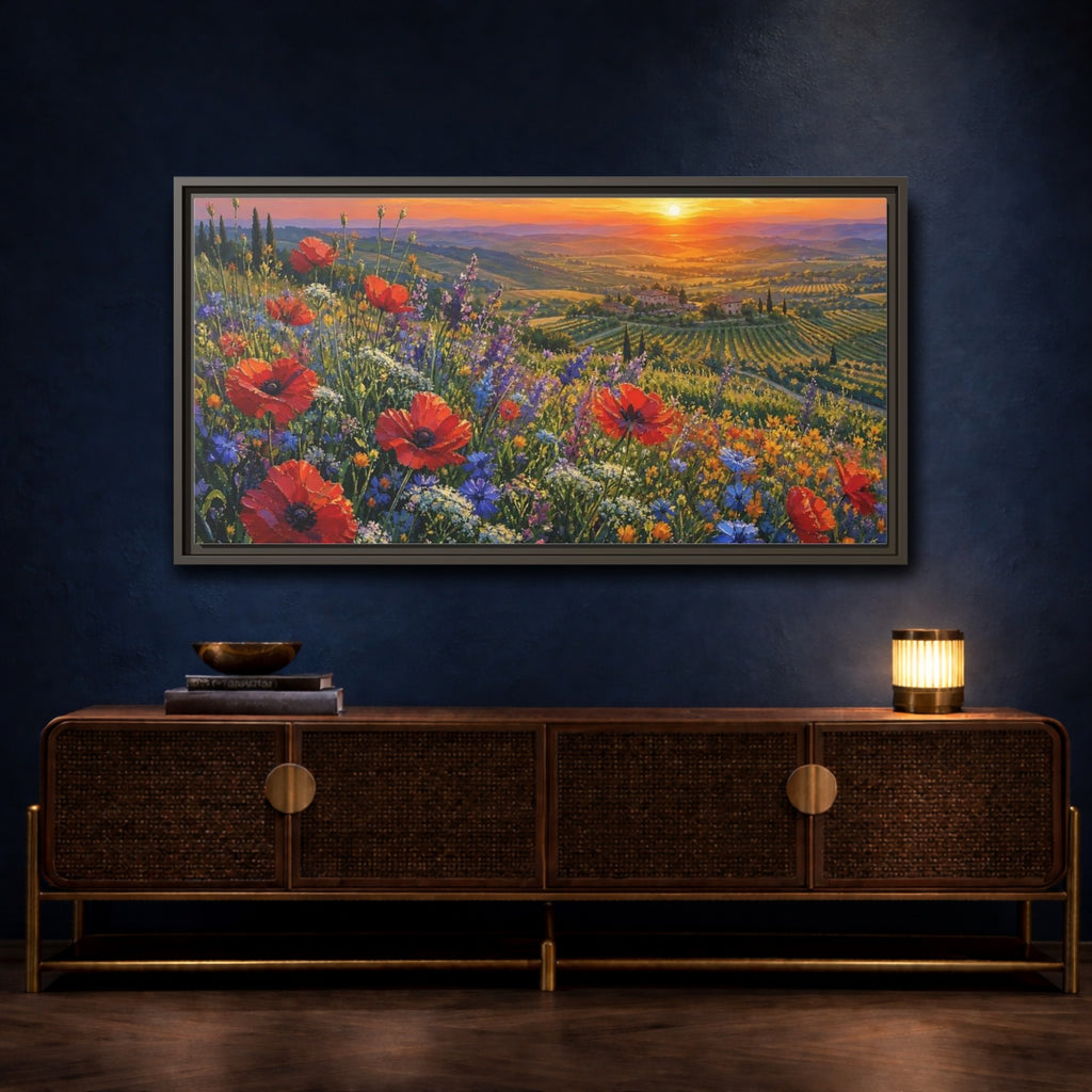 Mockup 4. Nature Poppy Field Red Poppy Sunset shown as stretched canvas wall art