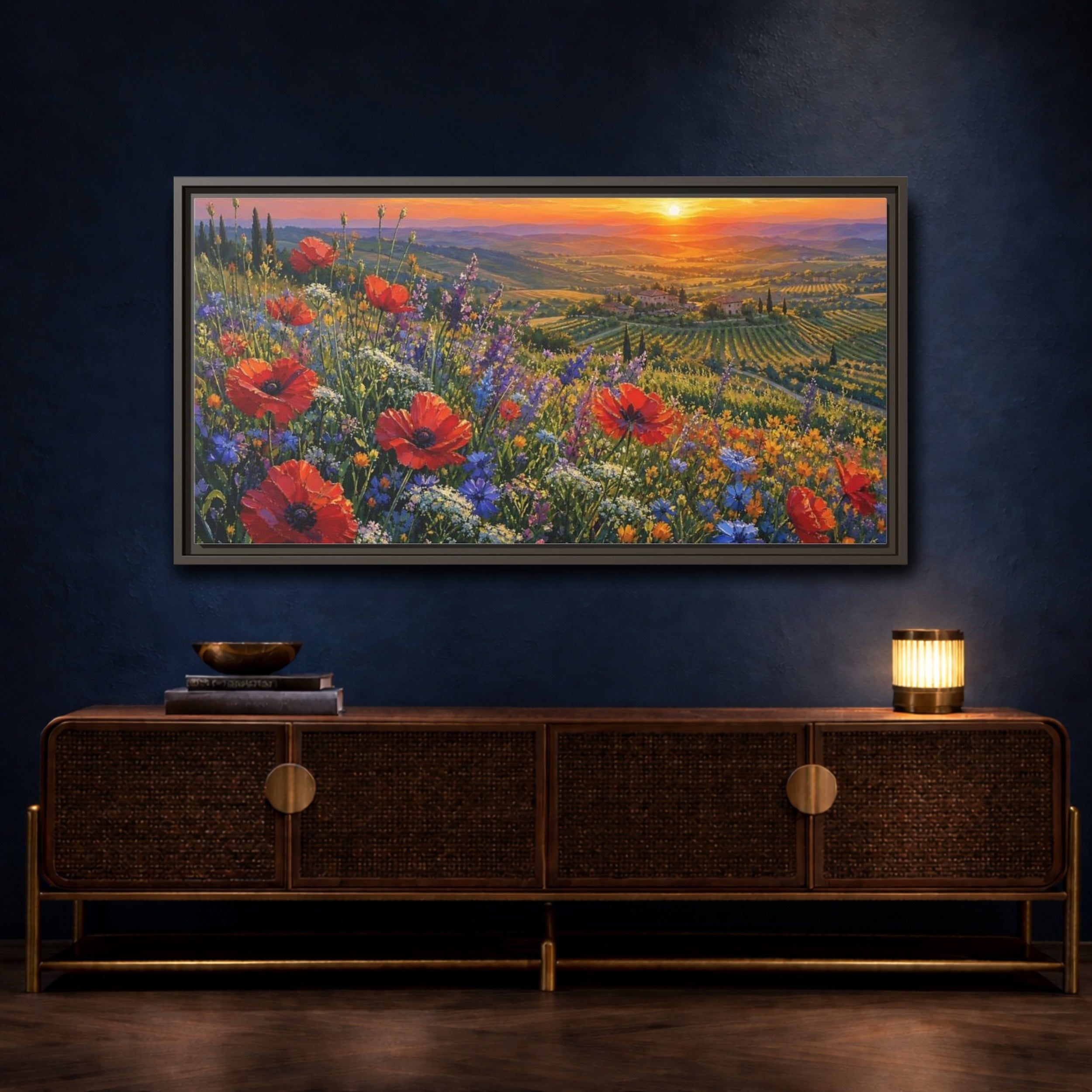 Mockup 4. Nature Poppy Field Red Poppy Sunset shown as stretched canvas wall art