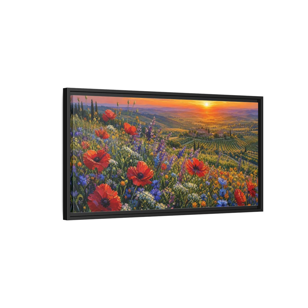 Side Mockup 2. Nature Poppy Field Red Poppy Sunset shown as stretched canvas wall art
