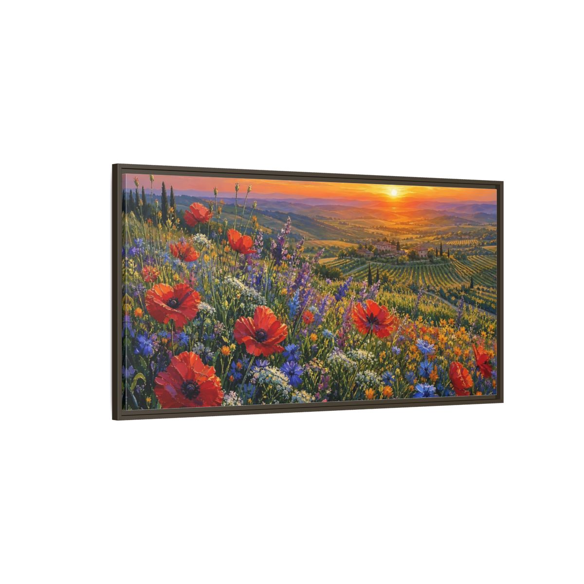 Side Mockup 4. Nature Poppy Field Red Poppy Sunset shown as stretched canvas wall art