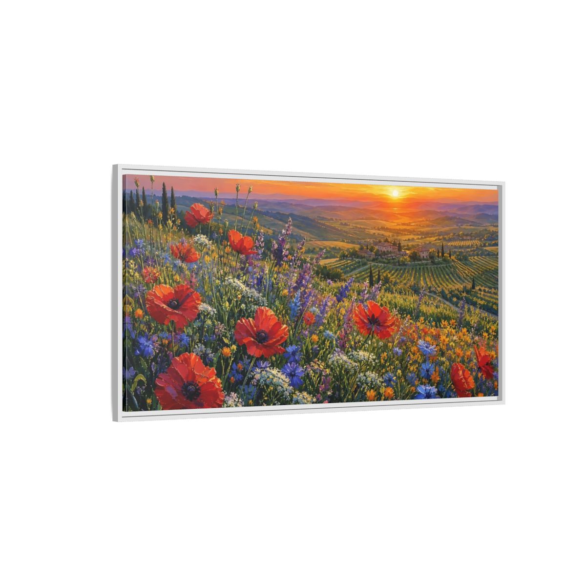 Side Mockup 3. Nature Poppy Field Red Poppy Sunset shown as stretched canvas wall art