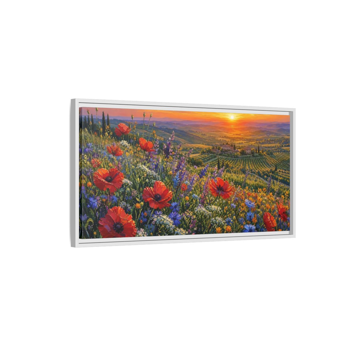 Side Mockup 1. Nature Poppy Field Red Poppy Sunset shown as stretched canvas wall art