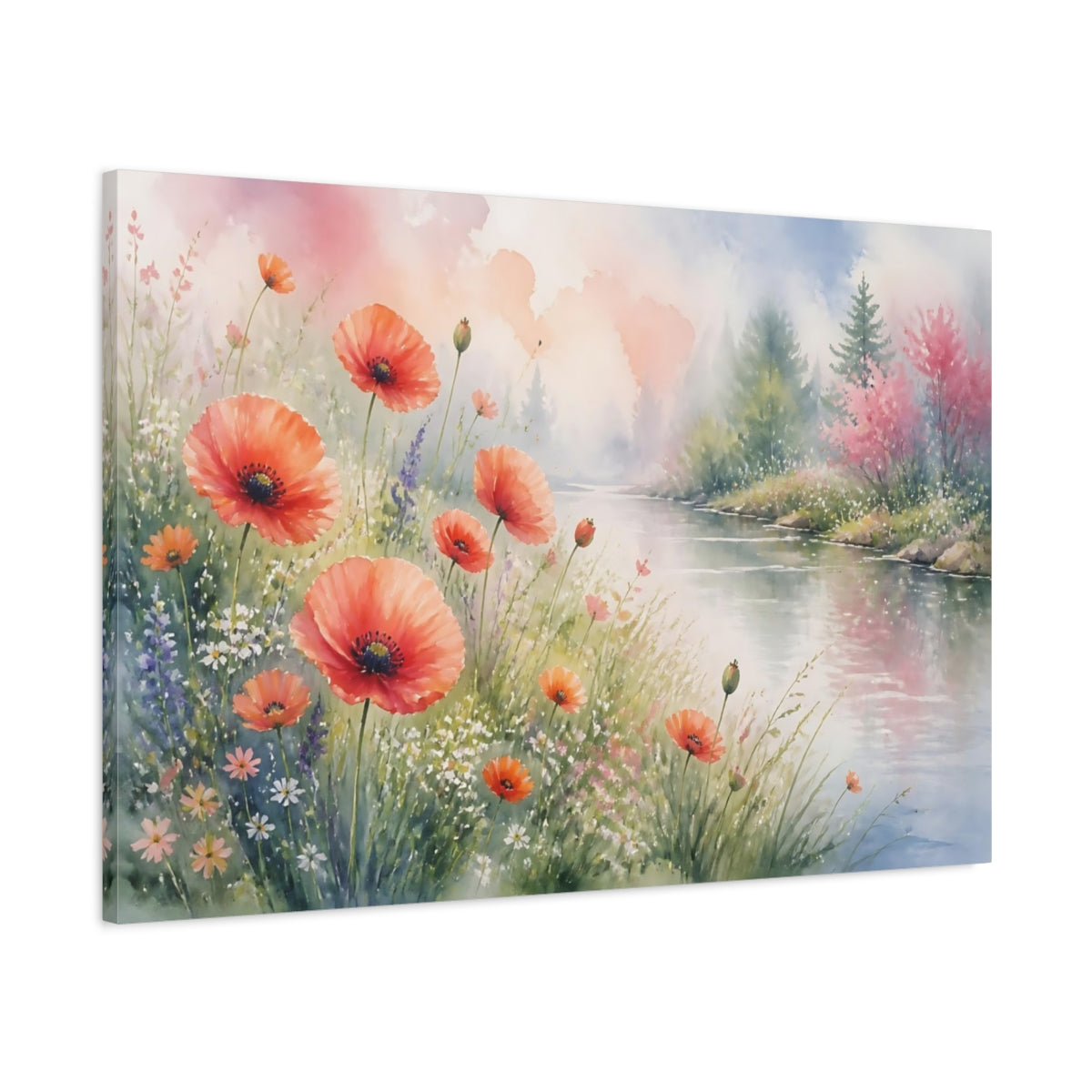Main Mockup. Nature Poppy Flowers Orange Poppy River shown as stretched canvas wall art