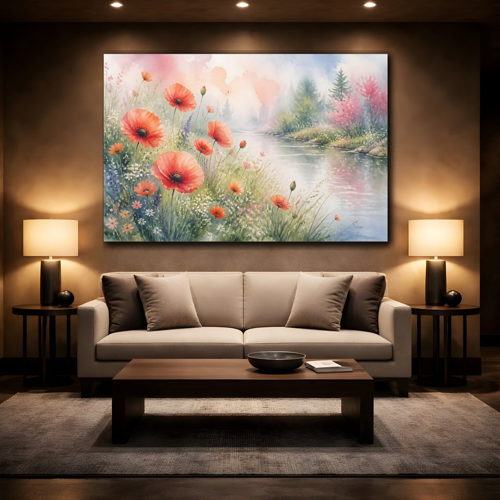 Mockup 2. Nature Poppy Flowers Orange Poppy River shown as stretched canvas wall art