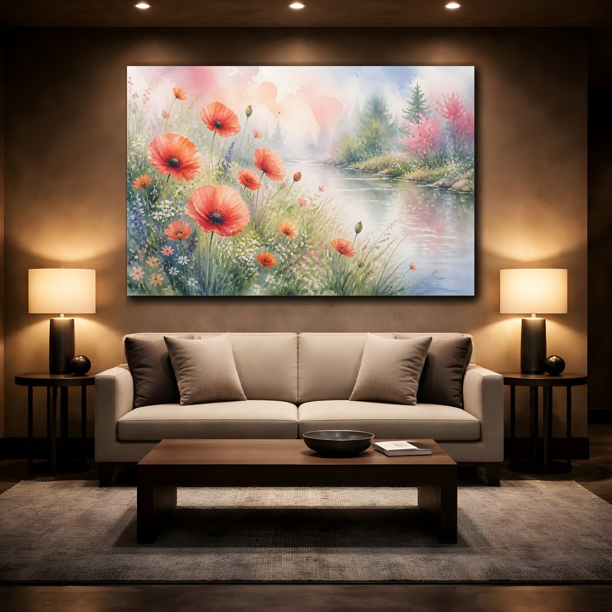Mockup 2. Nature Poppy Flowers Orange Poppy River shown as stretched canvas wall art