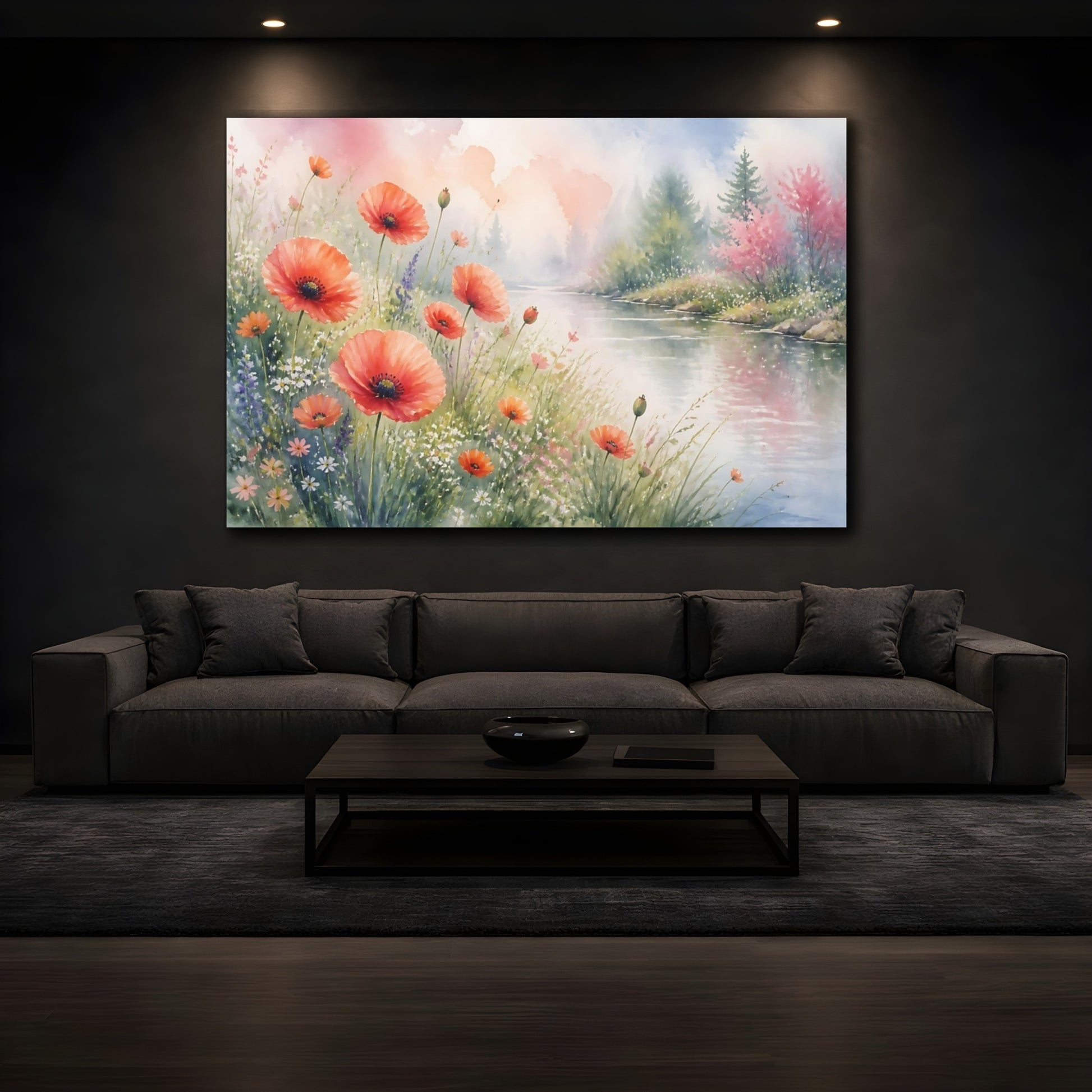 Mockup 3. Nature Poppy Flowers Orange Poppy River shown as stretched canvas wall art