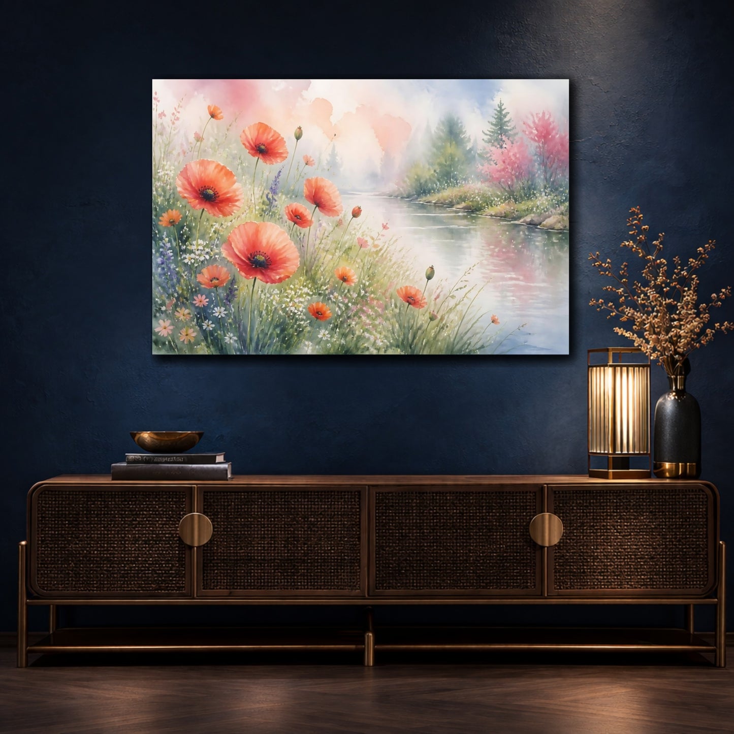 Mockup 4. Nature Poppy Flowers Orange Poppy River shown as stretched canvas wall art