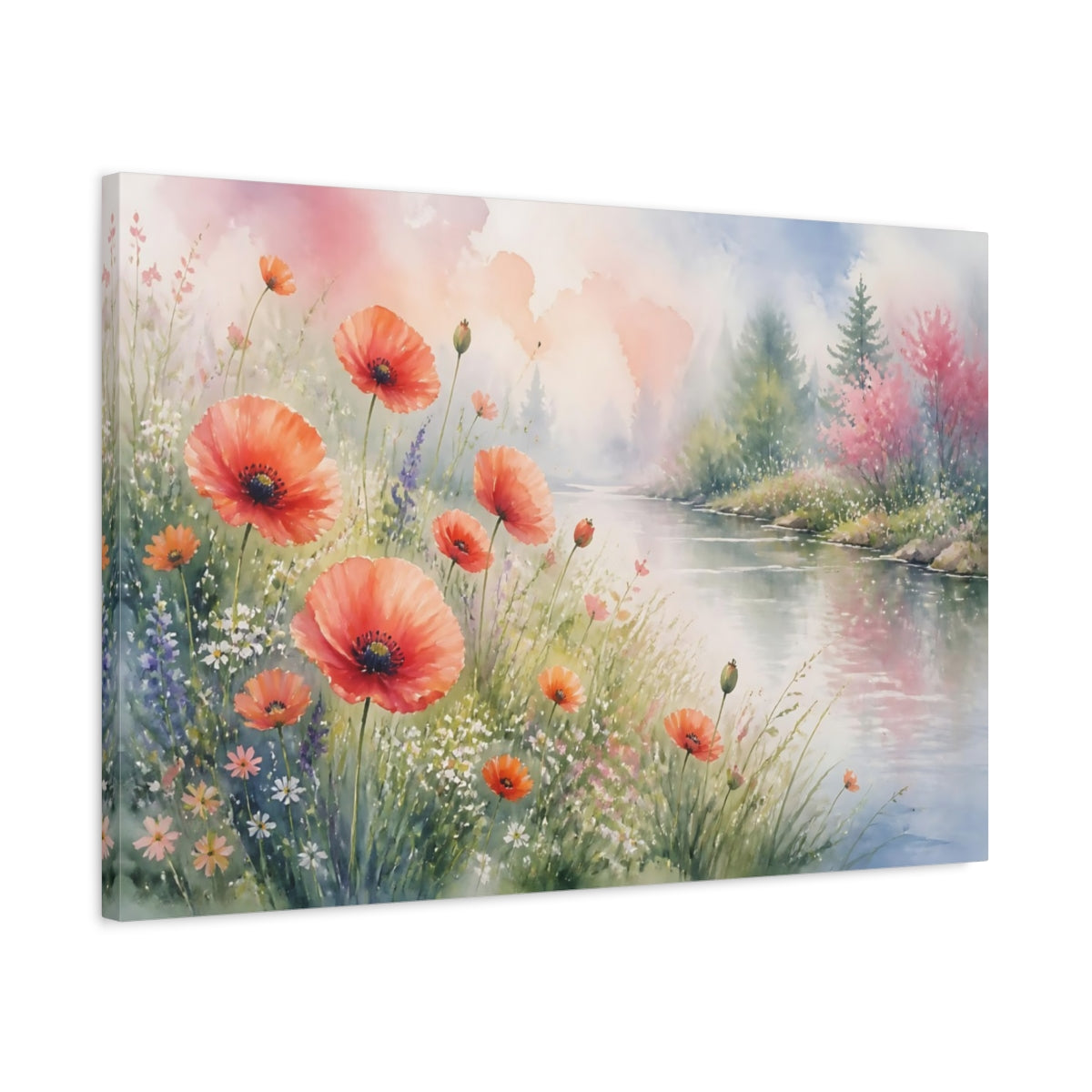 Side Mockup 2. Nature Poppy Flowers Orange Poppy River shown as stretched canvas wall art