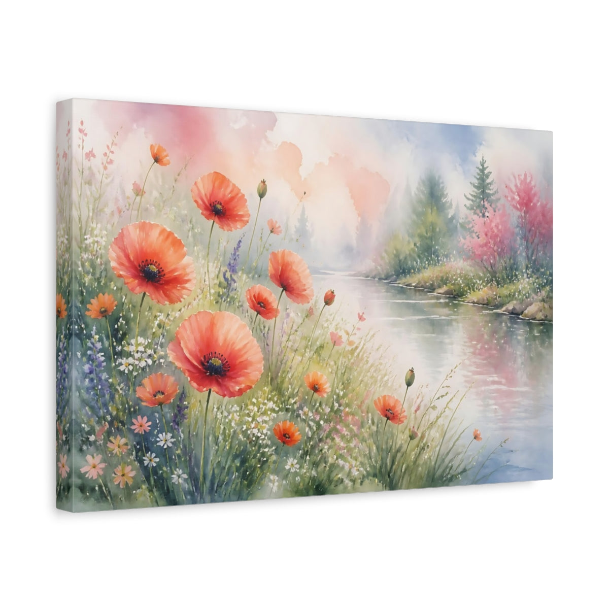 Side Mockup 4. Nature Poppy Flowers Orange Poppy River shown as stretched canvas wall art
