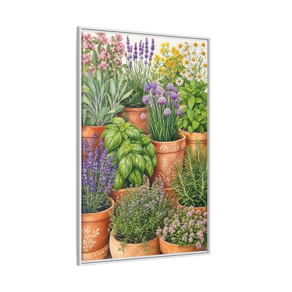 Side Mockup 7. Nature Potted Herbs Colorful Herbs Garden shown as stretched canvas wall art