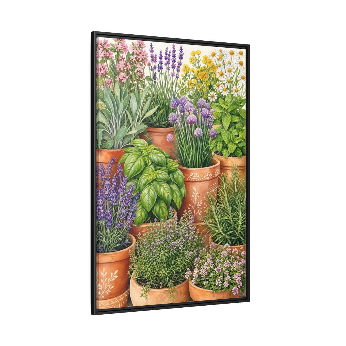 Side Mockup 12. Nature Potted Herbs Colorful Herbs Garden shown as stretched canvas wall art