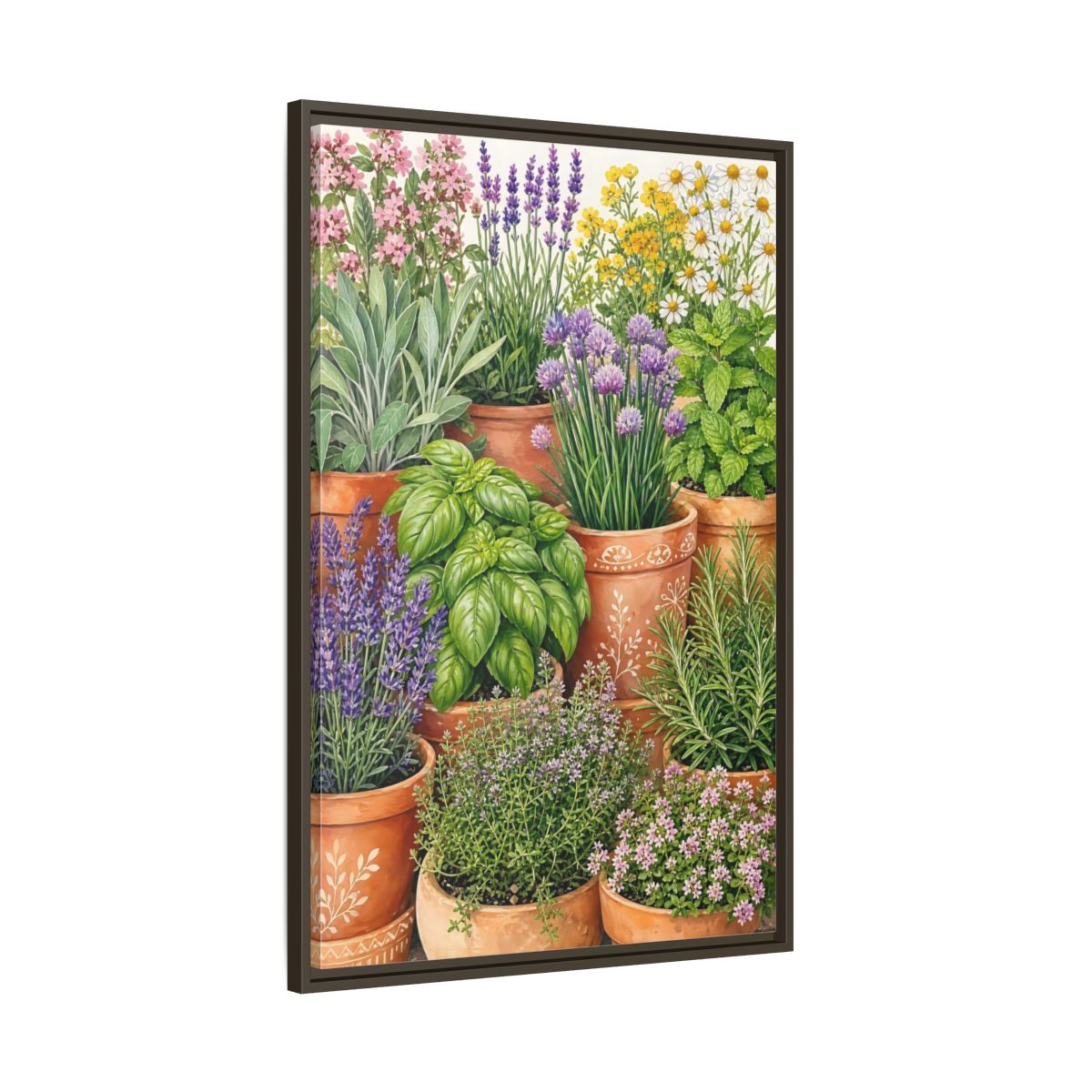 Main Mockup. Nature Potted Herbs Colorful Herbs Garden shown as stretched canvas wall art