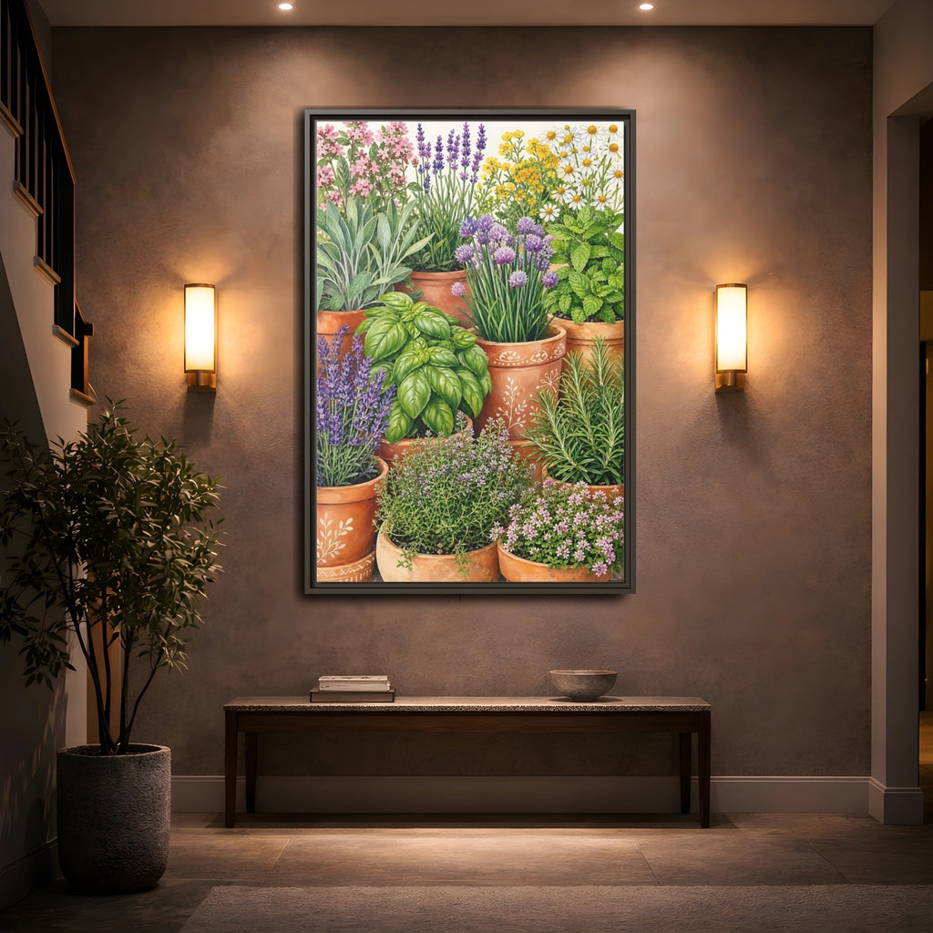 Mockup 2. Nature Potted Herbs Colorful Herbs Garden shown as stretched canvas wall art