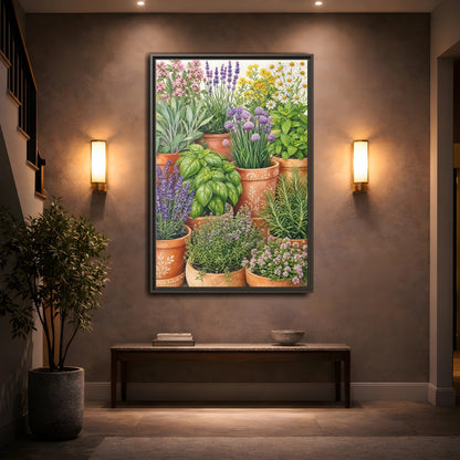 Mockup 2. Nature Potted Herbs Colorful Herbs Garden shown as stretched canvas wall art