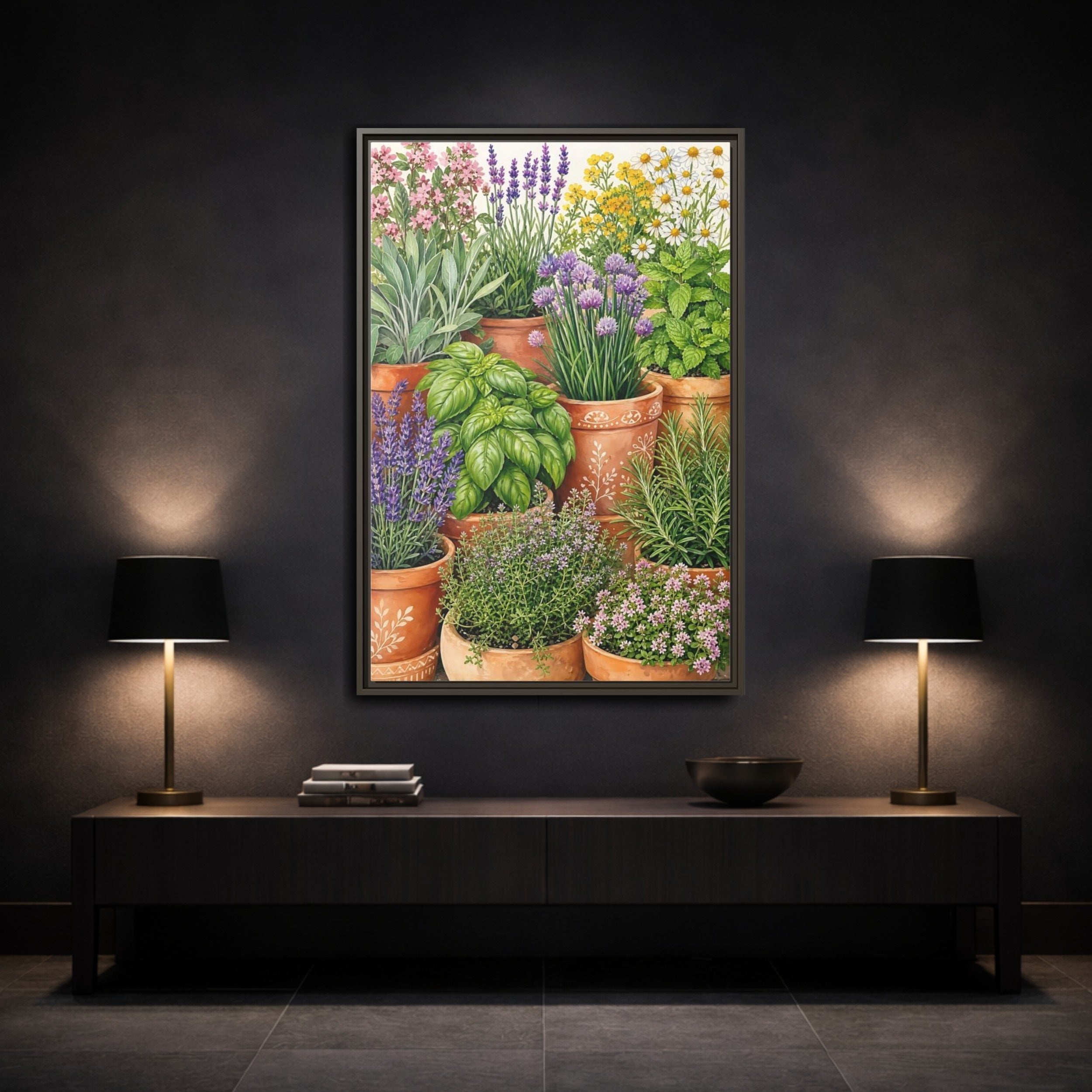 Mockup 3. Nature Potted Herbs Colorful Herbs Garden shown as stretched canvas wall art