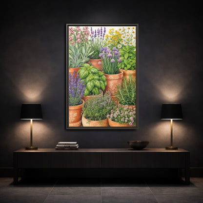 Mockup 3. Nature Potted Herbs Colorful Herbs Garden shown as stretched canvas wall art