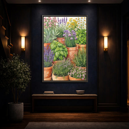 Mockup 4. Nature Potted Herbs Colorful Herbs Garden shown as stretched canvas wall art