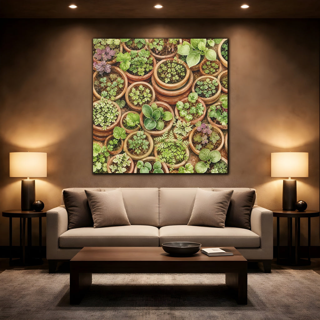 Mockup 2. Nature Potted Plants Green Potted Plants shown as stretched canvas wall art