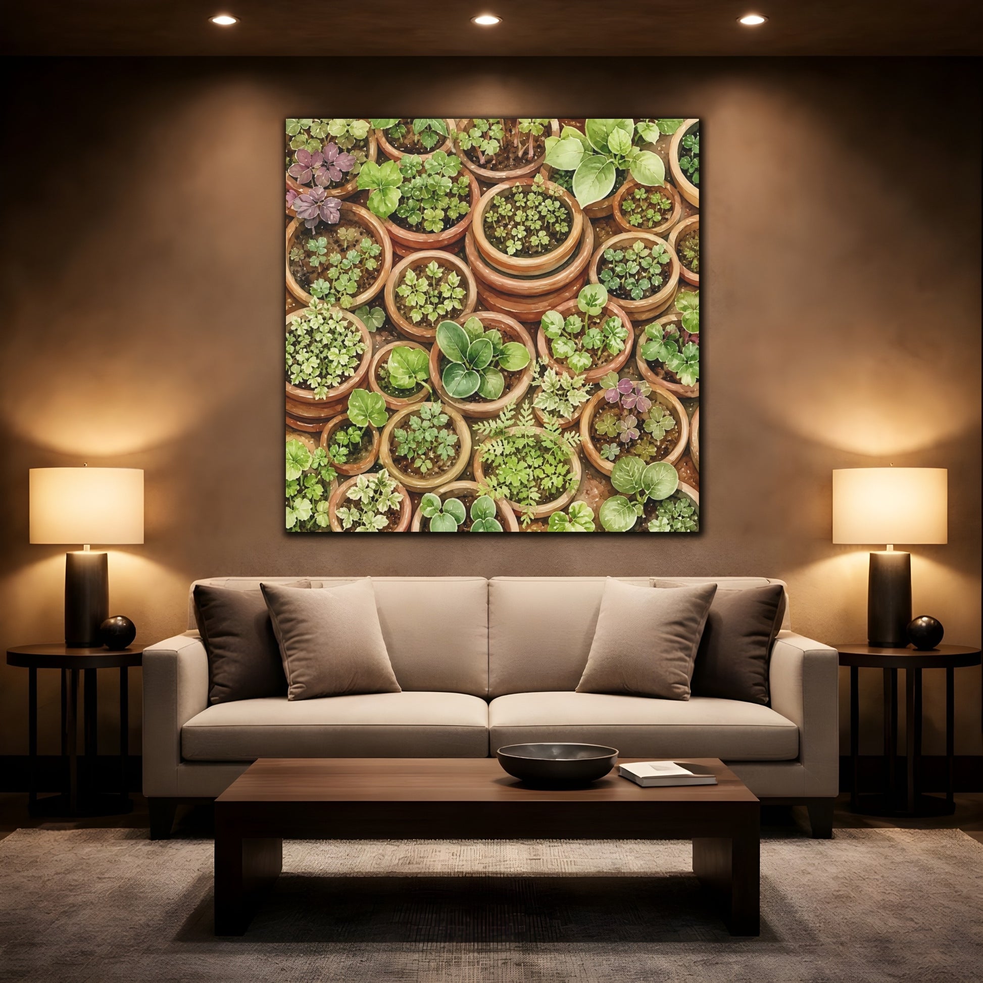 Mockup 2. Nature Potted Plants Green Potted Plants shown as stretched canvas wall art