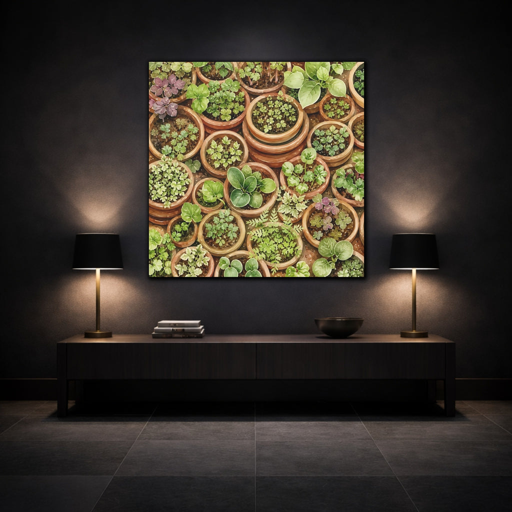 Mockup 3. Nature Potted Plants Green Potted Plants shown as stretched canvas wall art