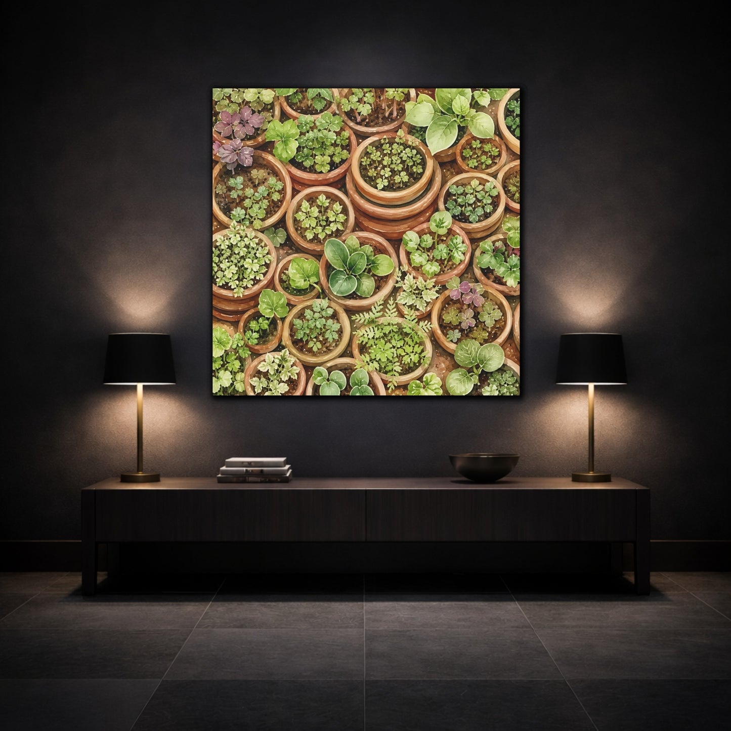 Mockup 3. Nature Potted Plants Green Potted Plants shown as stretched canvas wall art