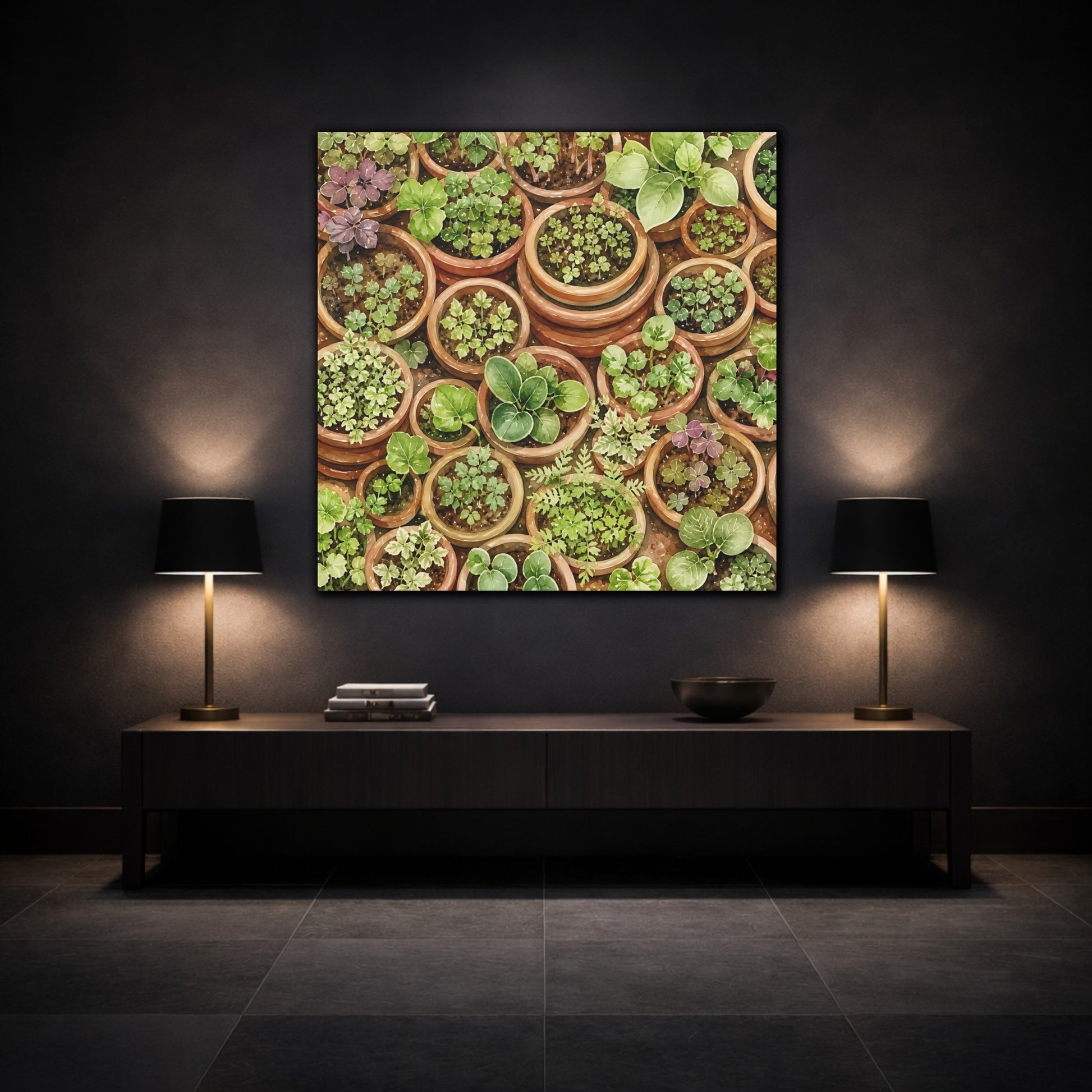 Mockup 3. Nature Potted Plants Green Potted Plants shown as stretched canvas wall art