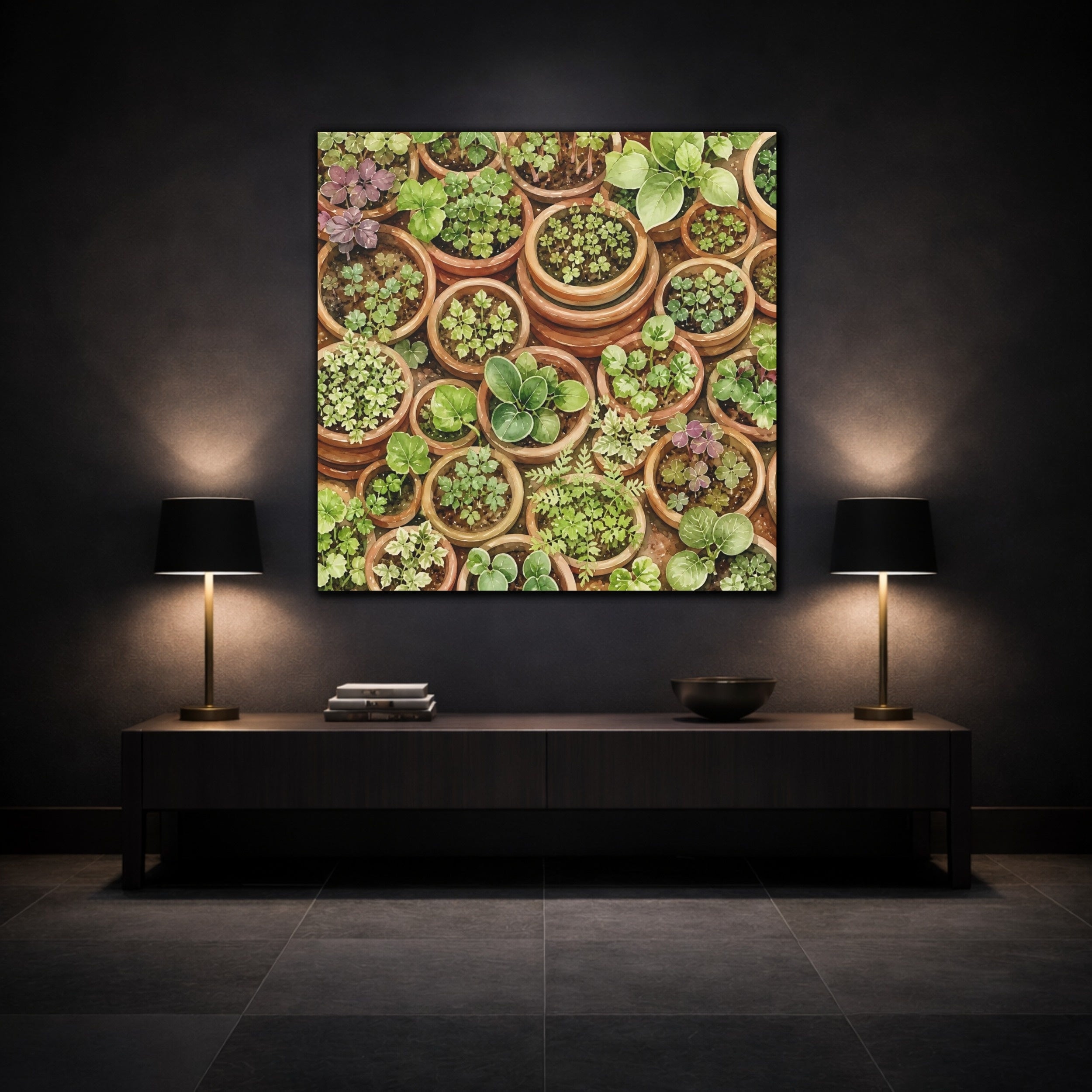 Mockup 3. Nature Potted Plants Green Potted Plants shown as stretched canvas wall art