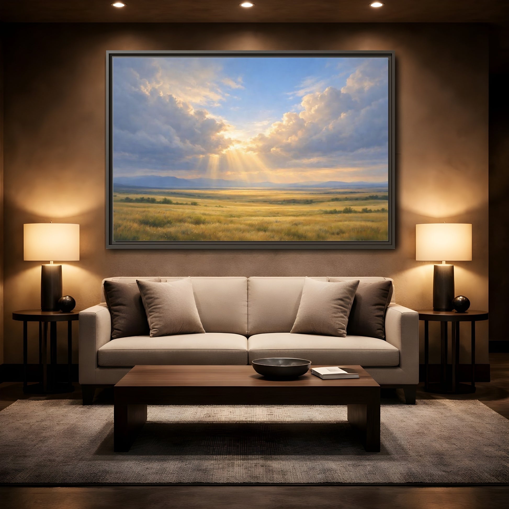 Mockup 2. Nature Prairie Field Golden Sky shown as stretched canvas wall art