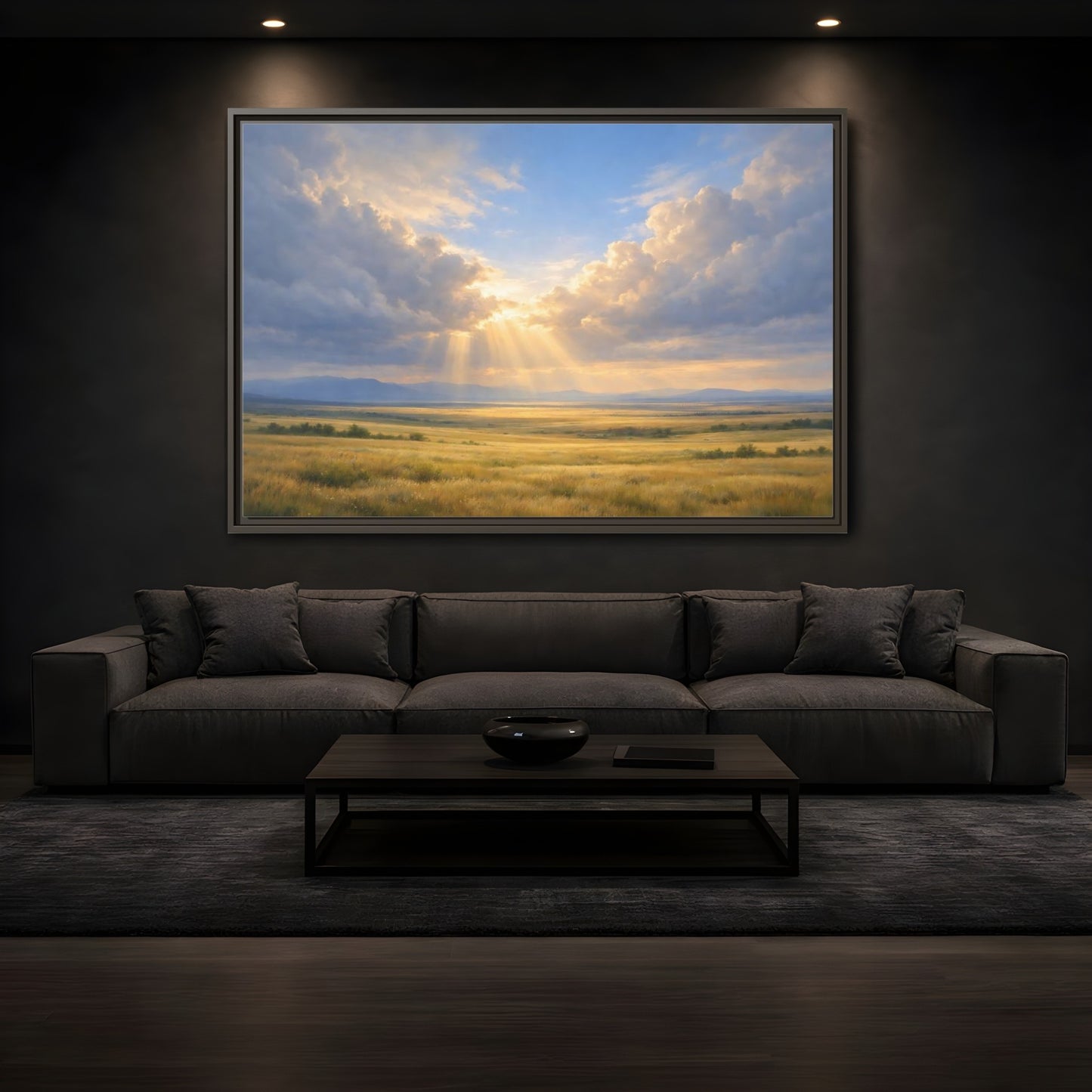 Mockup 3. Nature Prairie Field Golden Sky shown as stretched canvas wall art