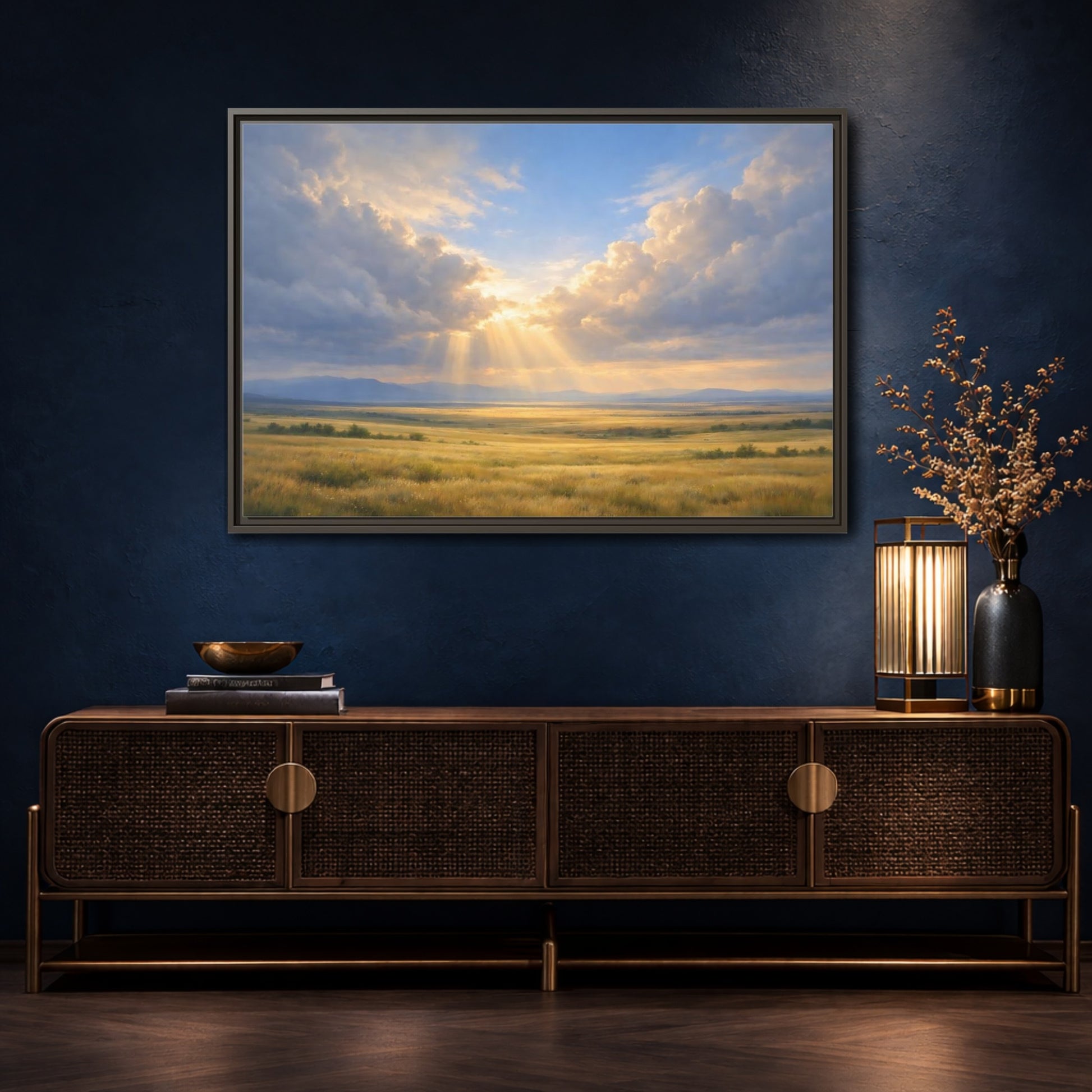 Mockup 4. Nature Prairie Field Golden Sky shown as stretched canvas wall art