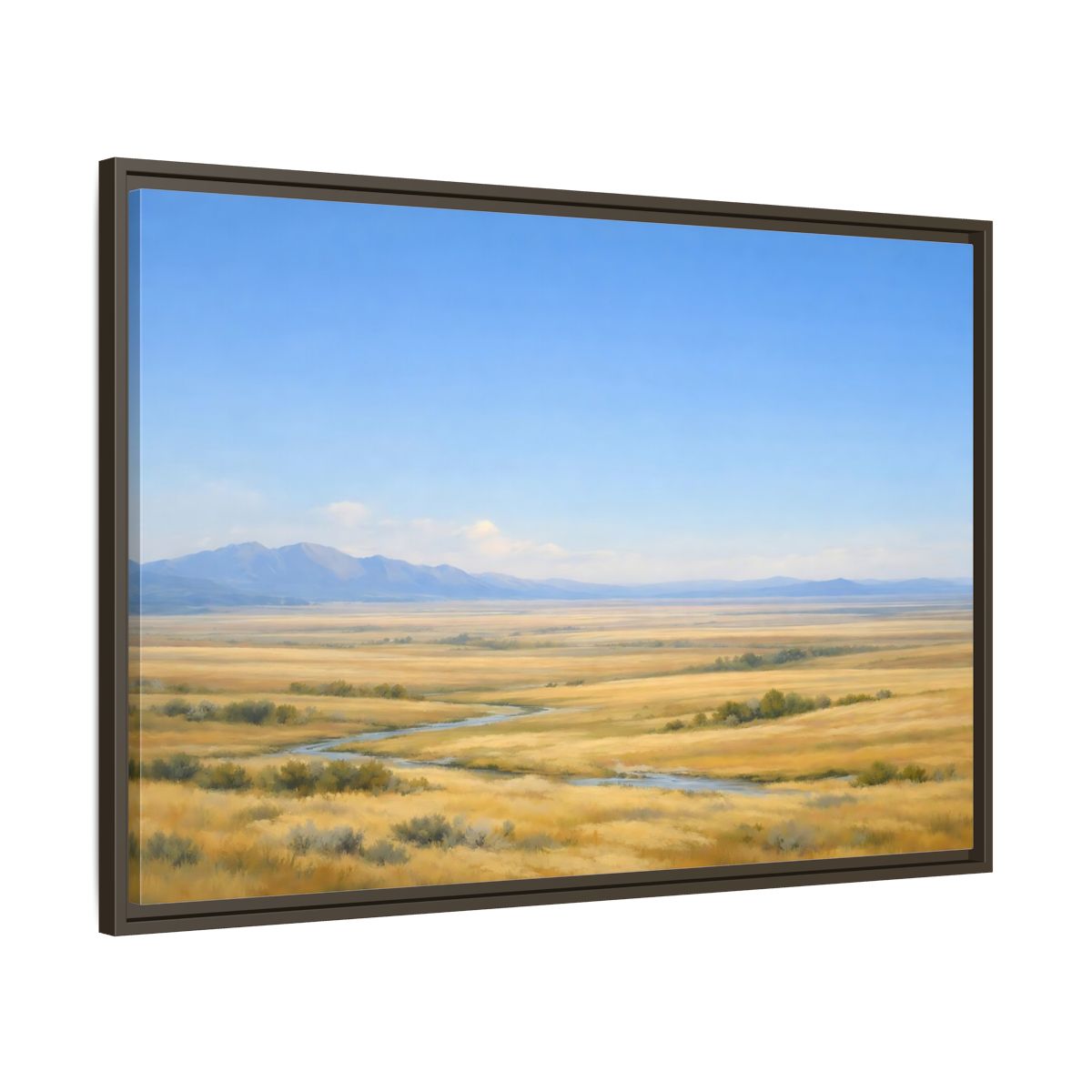 Main Mockup. Nature Prairie Landscape Blue And Gold shown as stretched canvas wall art
