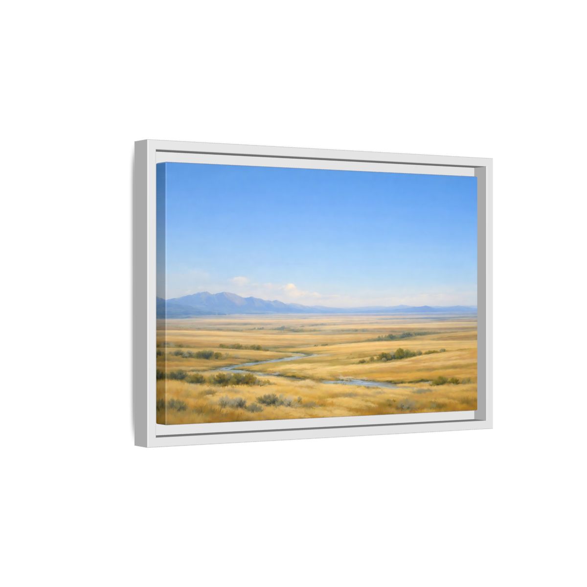 Side Mockup 4. Nature Prairie Landscape Blue And Gold shown as stretched canvas wall art