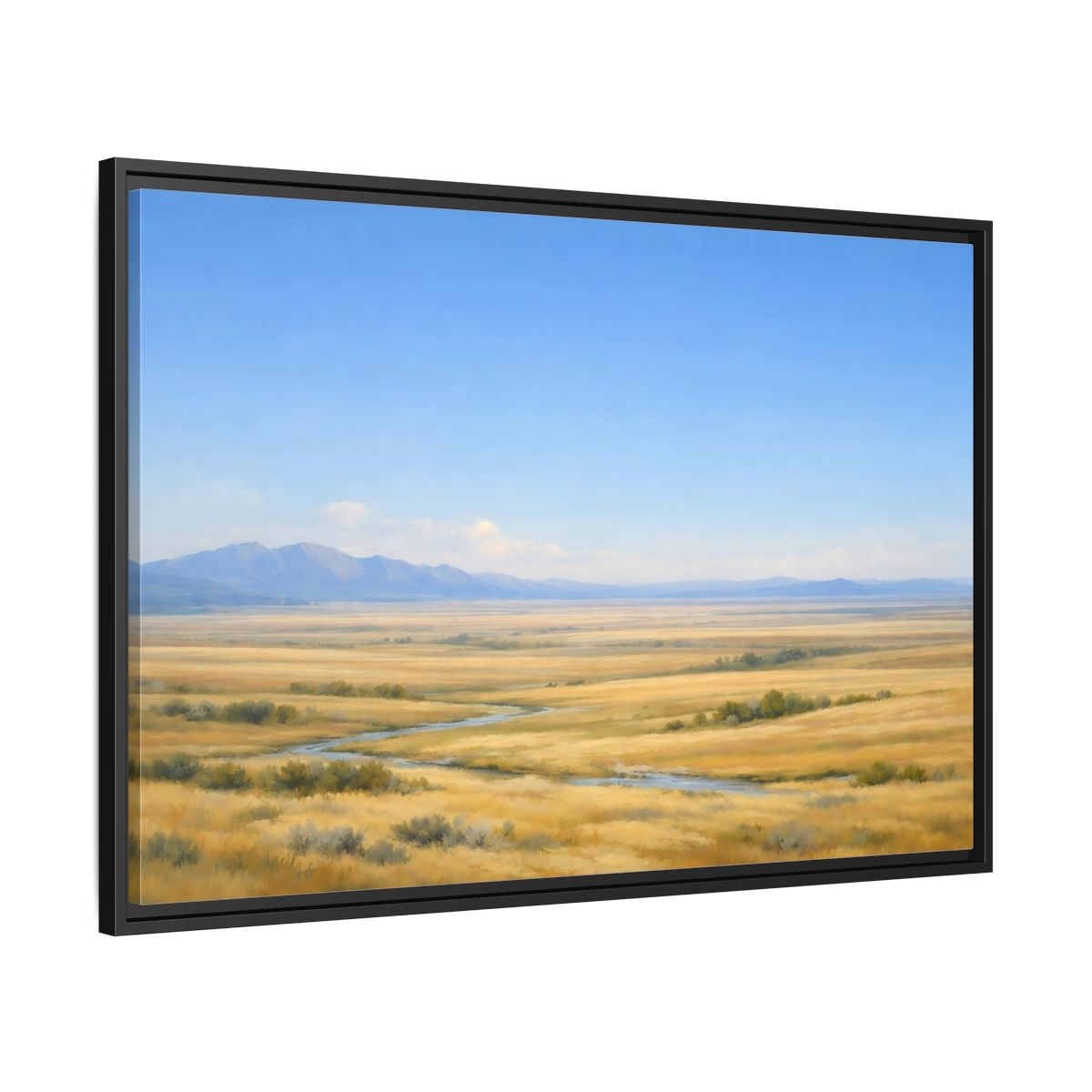Side Mockup 13. Nature Prairie Landscape Blue And Gold shown as stretched canvas wall art