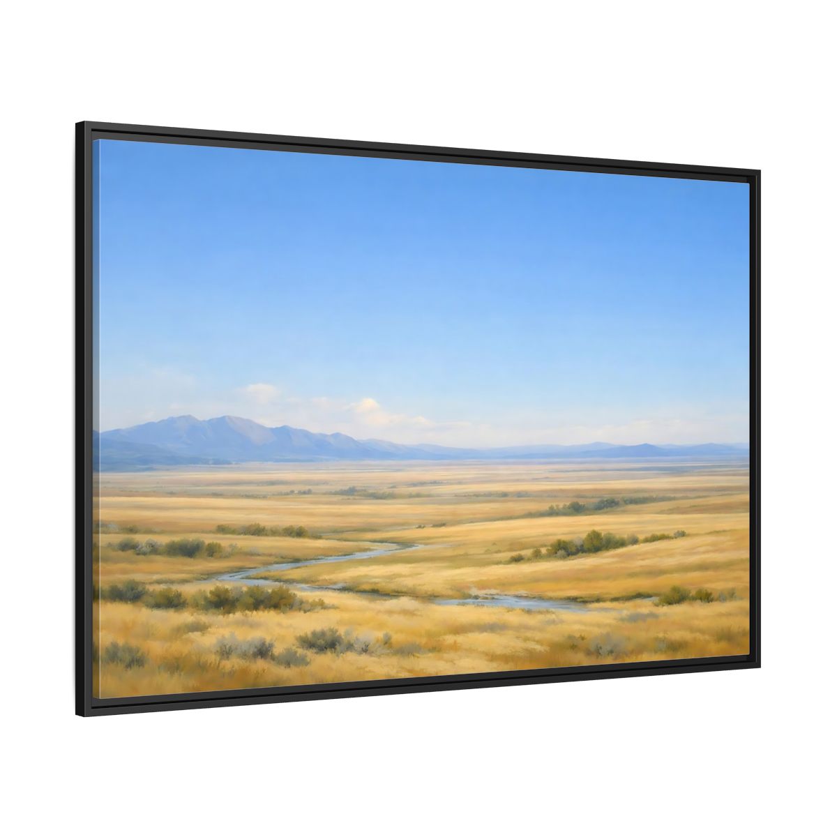 Side Mockup 12. Nature Prairie Landscape Blue And Gold shown as stretched canvas wall art
