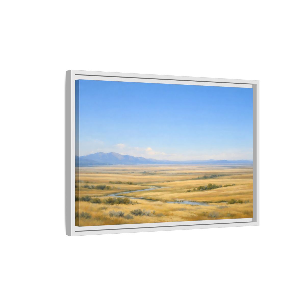 Side Mockup 1. Nature Prairie Landscape Blue And Gold shown as stretched canvas wall art