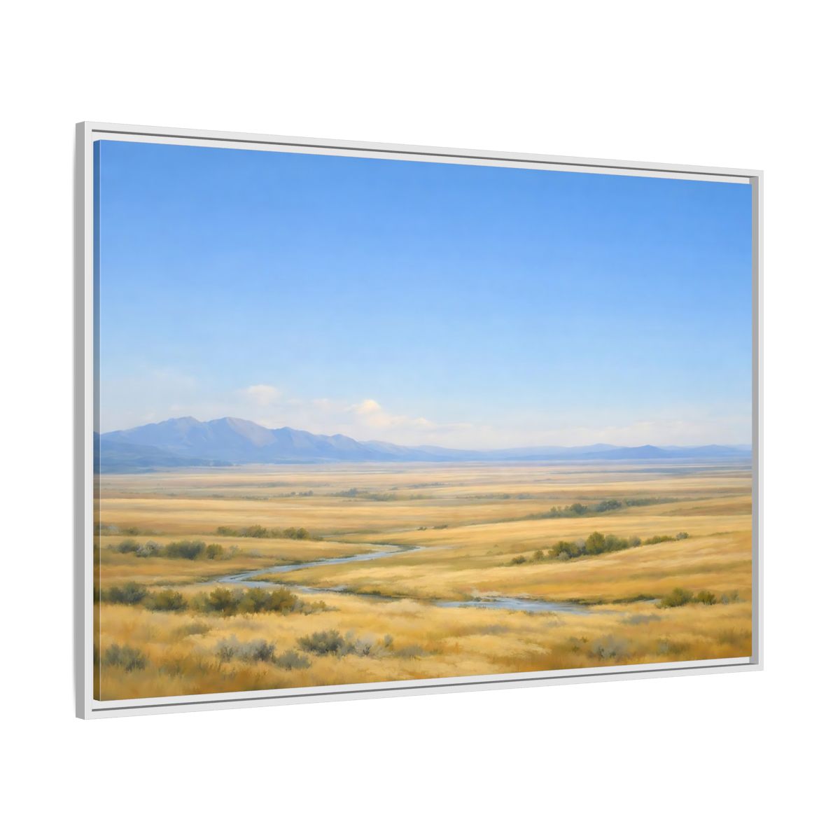 Side Mockup 7. Nature Prairie Landscape Blue And Gold shown as stretched canvas wall art