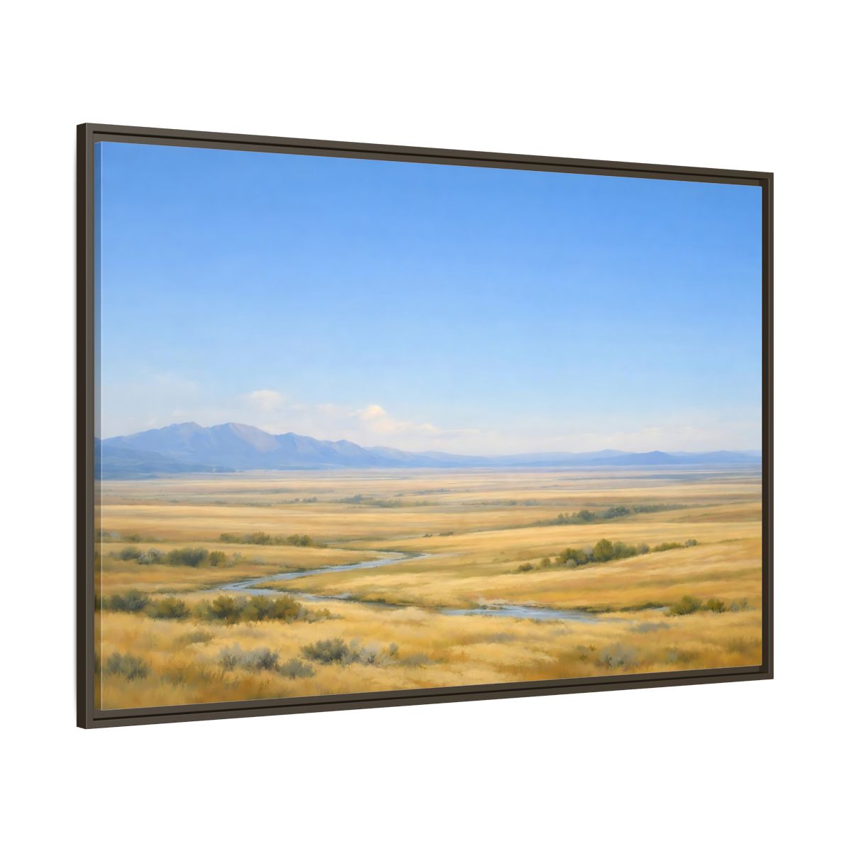 Side Mockup 8. Nature Prairie Landscape Blue And Gold shown as stretched canvas wall art