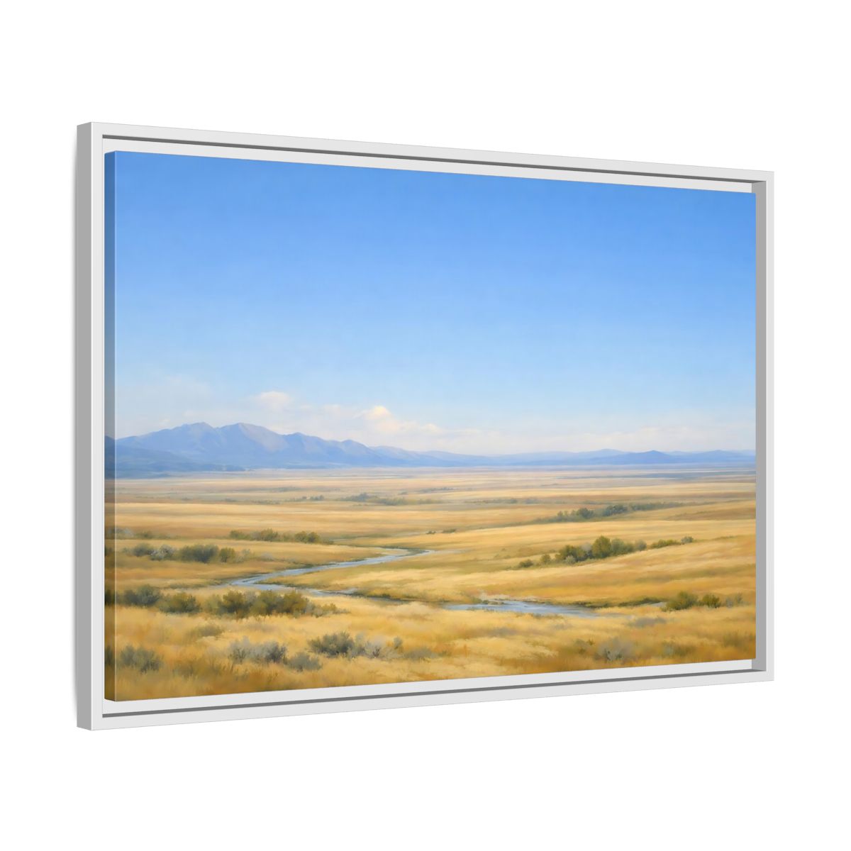 Side Mockup 10. Nature Prairie Landscape Blue And Gold shown as stretched canvas wall art