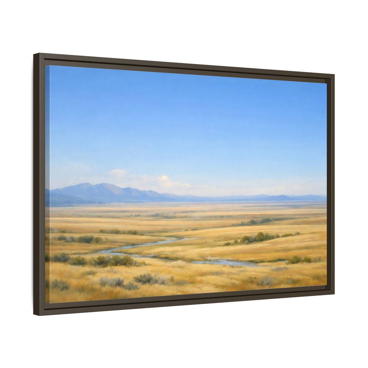 Side Mockup 11. Nature Prairie Landscape Blue And Gold shown as stretched canvas wall art