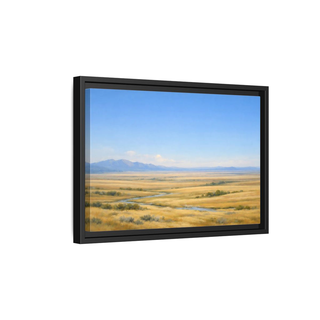 Side Mockup 6. Nature Prairie Landscape Blue And Gold shown as stretched canvas wall art