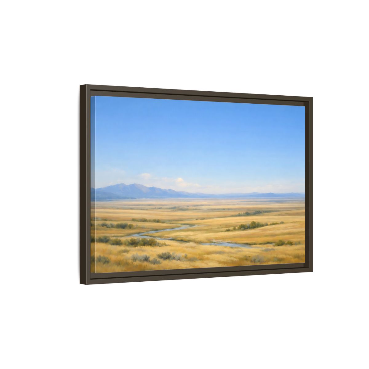 Side Mockup 2. Nature Prairie Landscape Blue And Gold shown as stretched canvas wall art