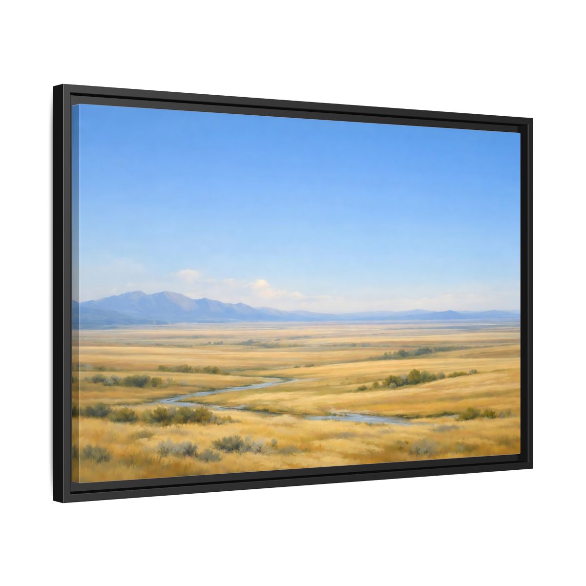 Side Mockup 14. Nature Prairie Landscape Blue And Gold shown as stretched canvas wall art