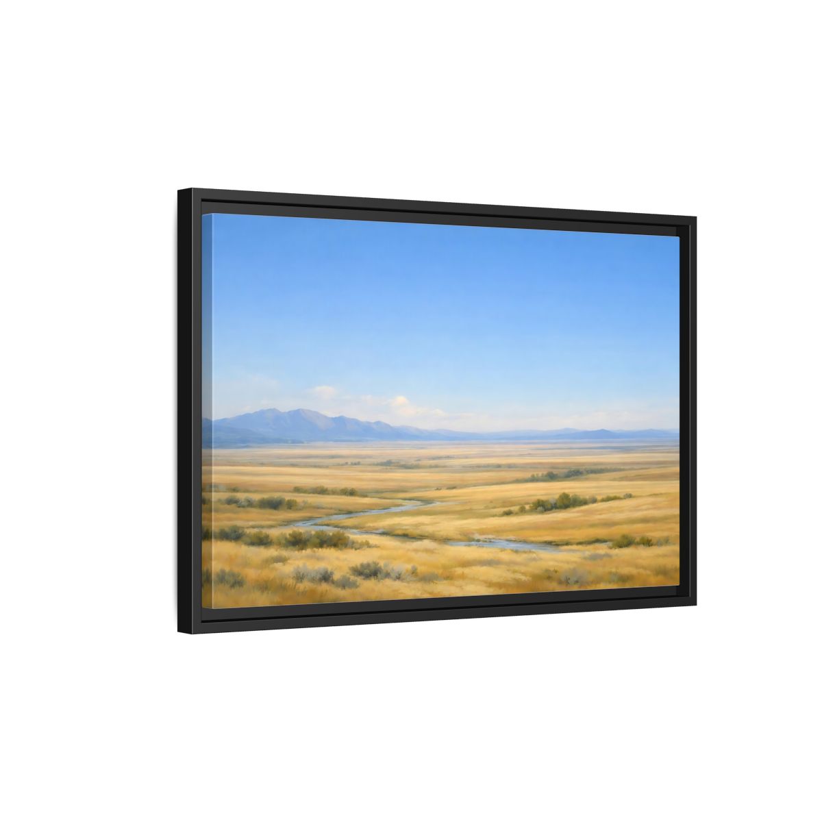 Side Mockup 3. Nature Prairie Landscape Blue And Gold shown as stretched canvas wall art