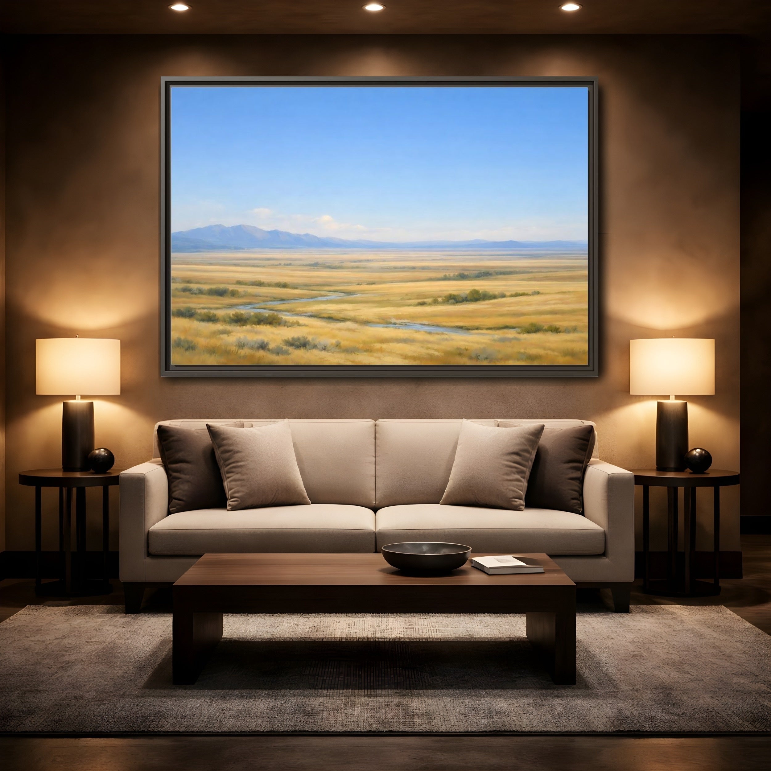 Mockup 2. Nature Prairie Landscape Blue And Gold shown as stretched canvas wall art