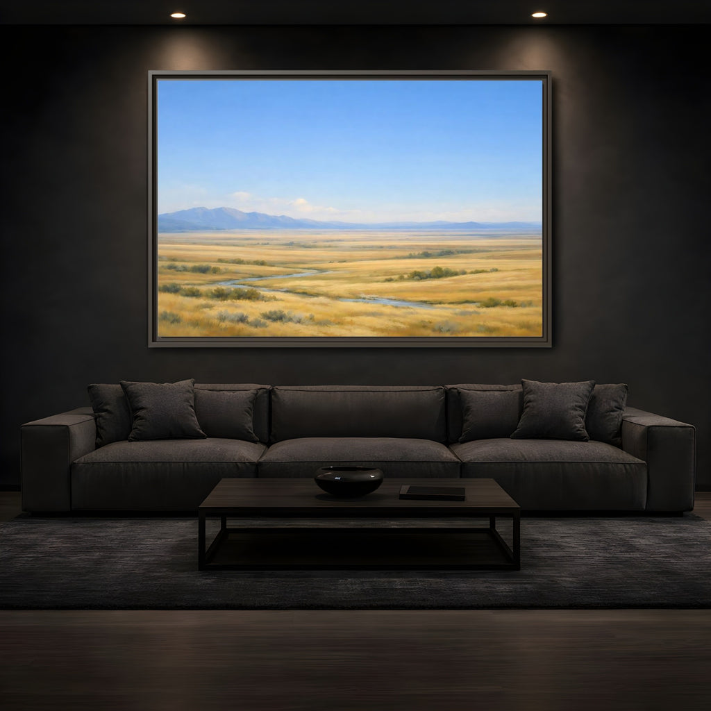 Mockup 3. Nature Prairie Landscape Blue And Gold shown as stretched canvas wall art
