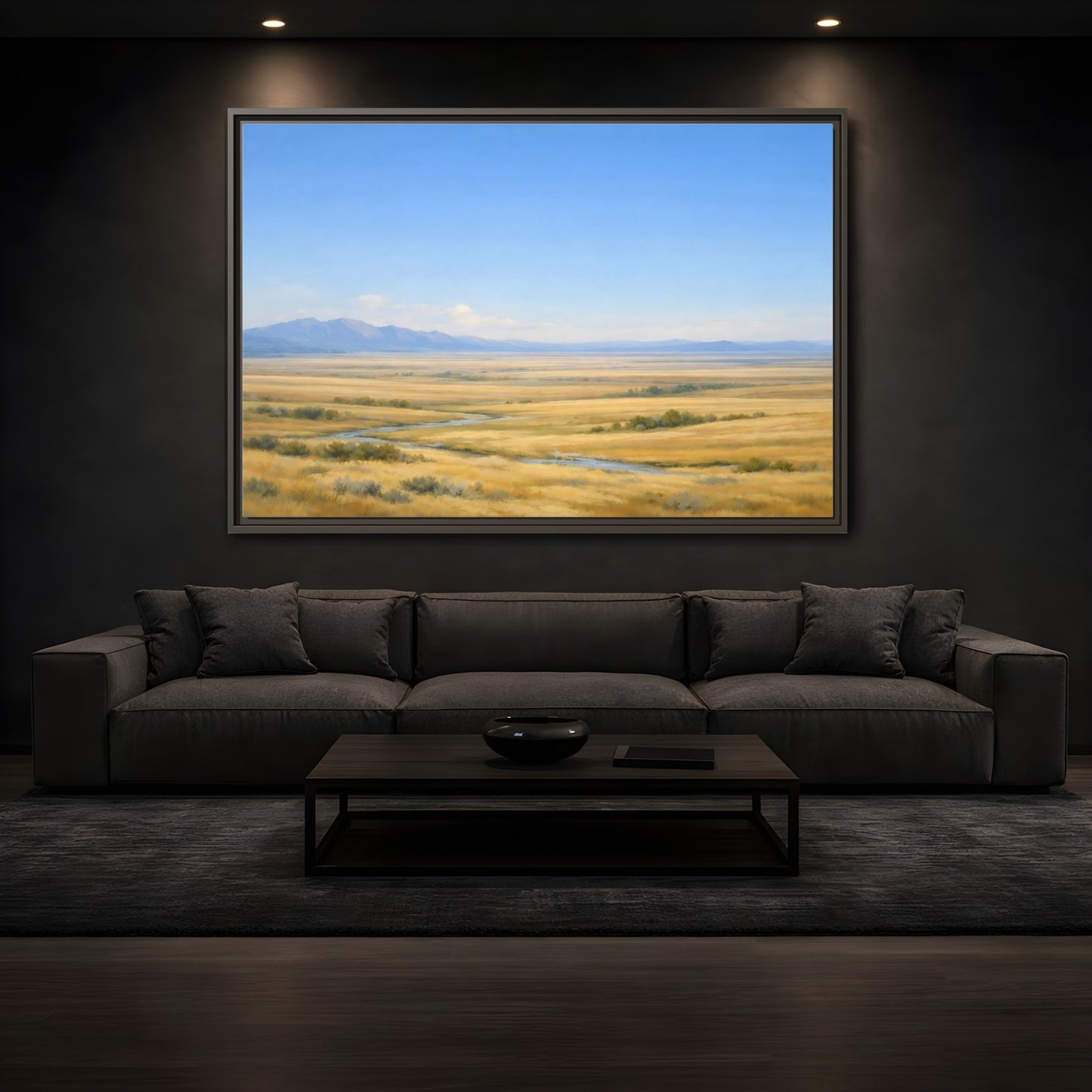 Mockup 3. Nature Prairie Landscape Blue And Gold shown as stretched canvas wall art