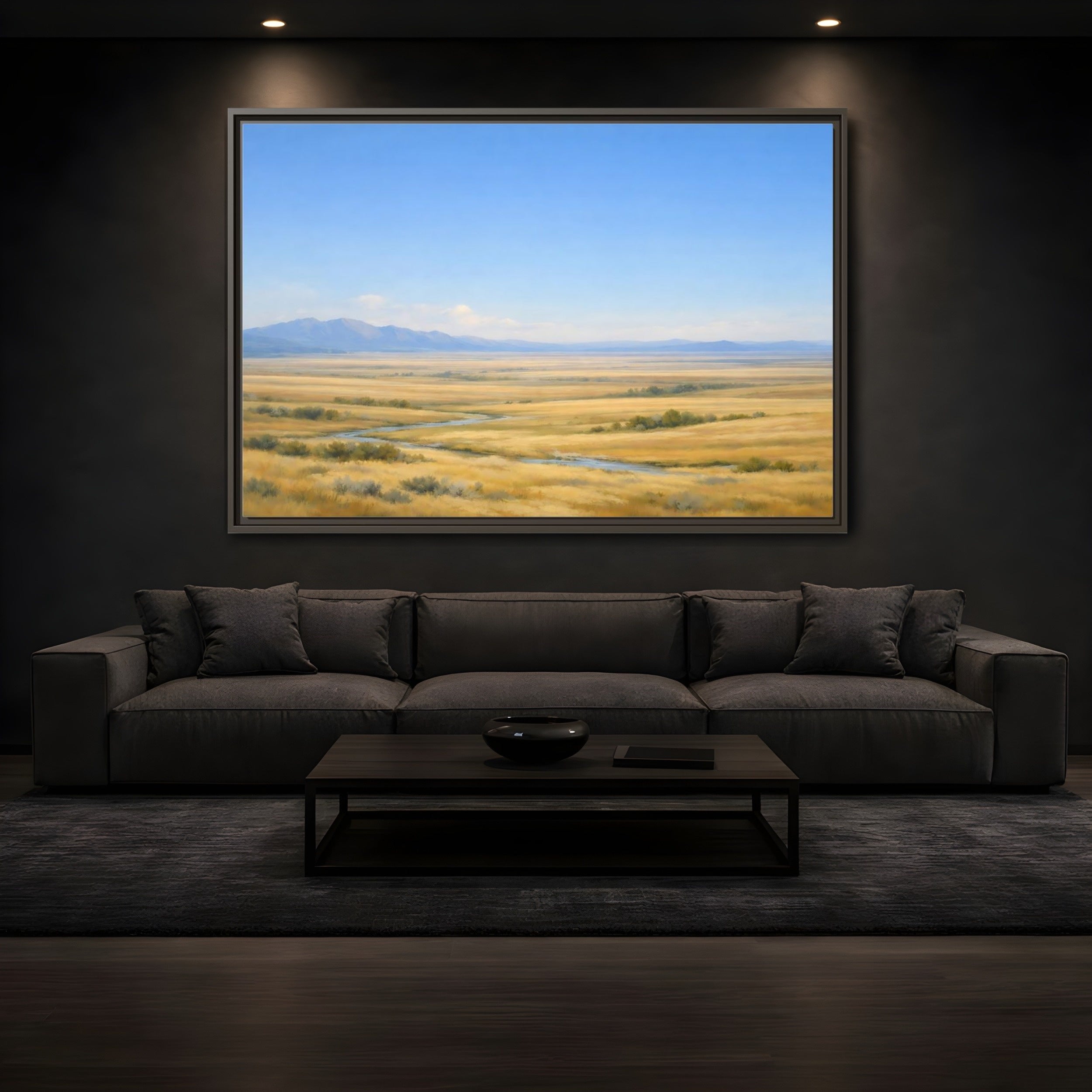 Mockup 3. Nature Prairie Landscape Blue And Gold shown as stretched canvas wall art